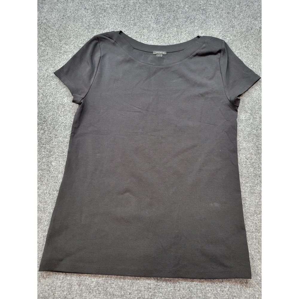 Ann Taylor Womens Black Short Sleeve Boat Neck Stretch Cotton Knit Tee Shirt L